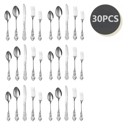 European Glam 30-Piece Polished Finish Cutlery & Tableware Set - 6 Full Place Kitchen Cutlery Sets with Spoons, Artisan Vintage Engraving, Ergonomic Weight, Balanced Grip, Rust-Proof, Dishwasher-Safe for Dinner Parties, Holiday Gifts