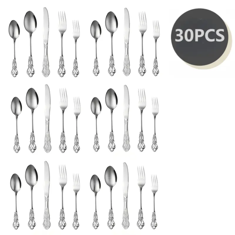 European Glam 30-Piece Polished Finish Cutlery & Tableware Set - 6 Full Place Kitchen Cutlery Sets with Spoons, Artisan Vintage Engraving, Ergonomic Weight, Balanced Grip, Rust-Proof, Dishwasher-Safe for Dinner Parties, Holiday Gifts