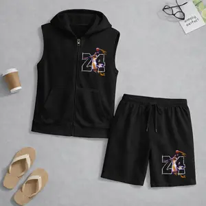 Men's 2-Piece 24 Graphic Sleeveless Zip-Up Hooded Vest & Drawstring Shorts Set, Polyester-Cotton Menswear, Summer Casual Gym Workout Streetwear, Breathable Lightweight Athletic Lounge Outfit