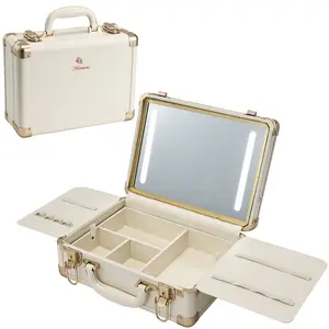 Leather Makeup Train Cases with LED Mirror Lighted Makeup Case Organizer with Detachable Tray Travel Makeup Box Aluminum Vanity Suitcase