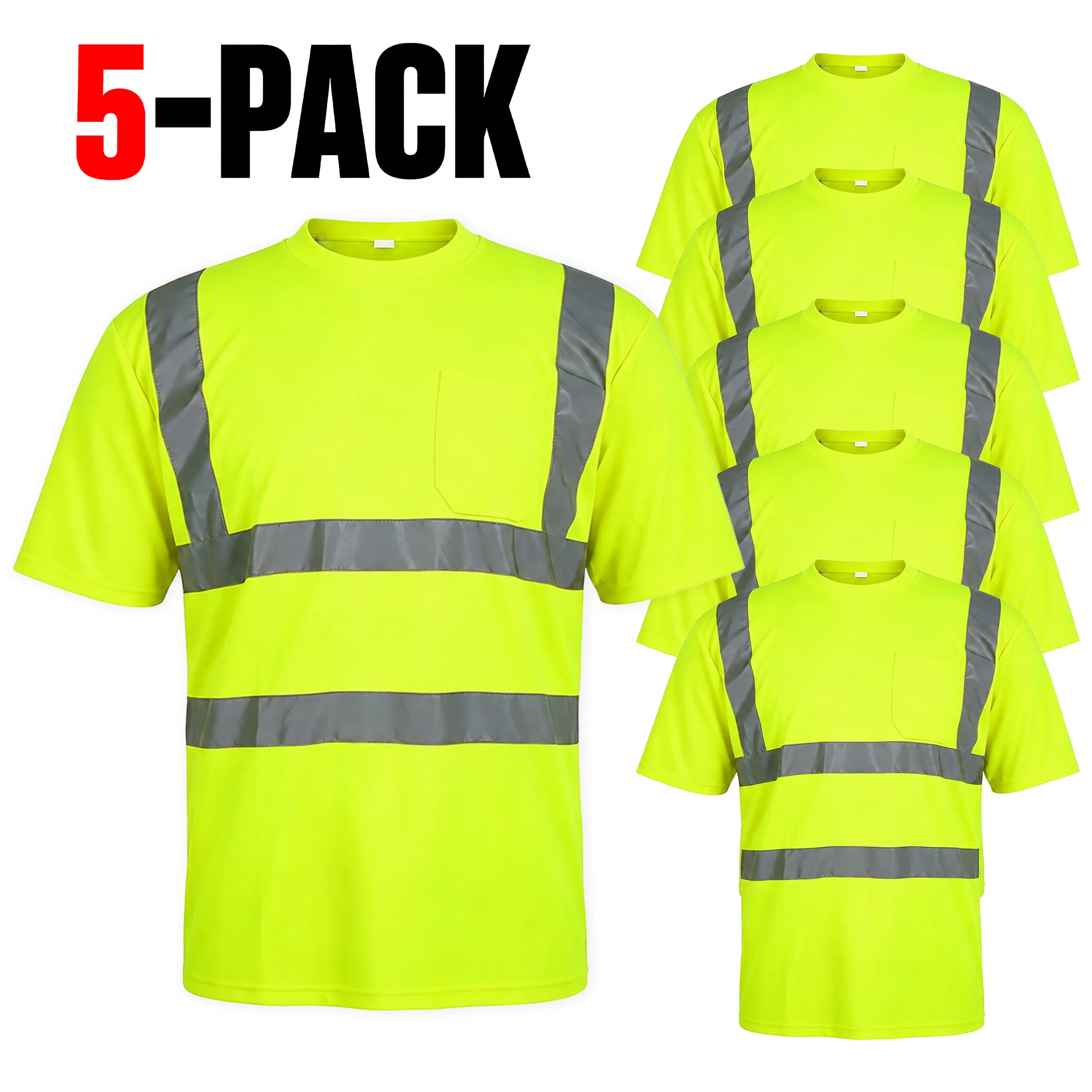 High Visibility Fluorescent Safety T Shirt for Men Women, 100% Polyester Breathable Quick Dry Reflective Short Sleeve Work Tee for Construction Road Warehouse Landscaping Traffic Work, Sizes M-3XL with Chest Pocket
