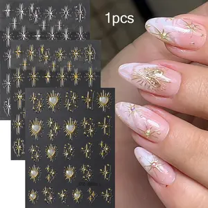 Bohemian Starburst Nail Art Stickers with Diamonds, Star Pattern Rhinestones, Glitter Heart & Crystal Stars Nail Decals Golden & Silvery Adhesive, DIY Manicure Decorations Nail Supplies Accessories