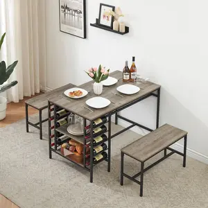 【GARVEE】Kitchen Table with 2 Benches for 4, Dining Table Set for 4 with Wine Rack and Glass Holder, Dining Room Table Set for Small Space, Gray