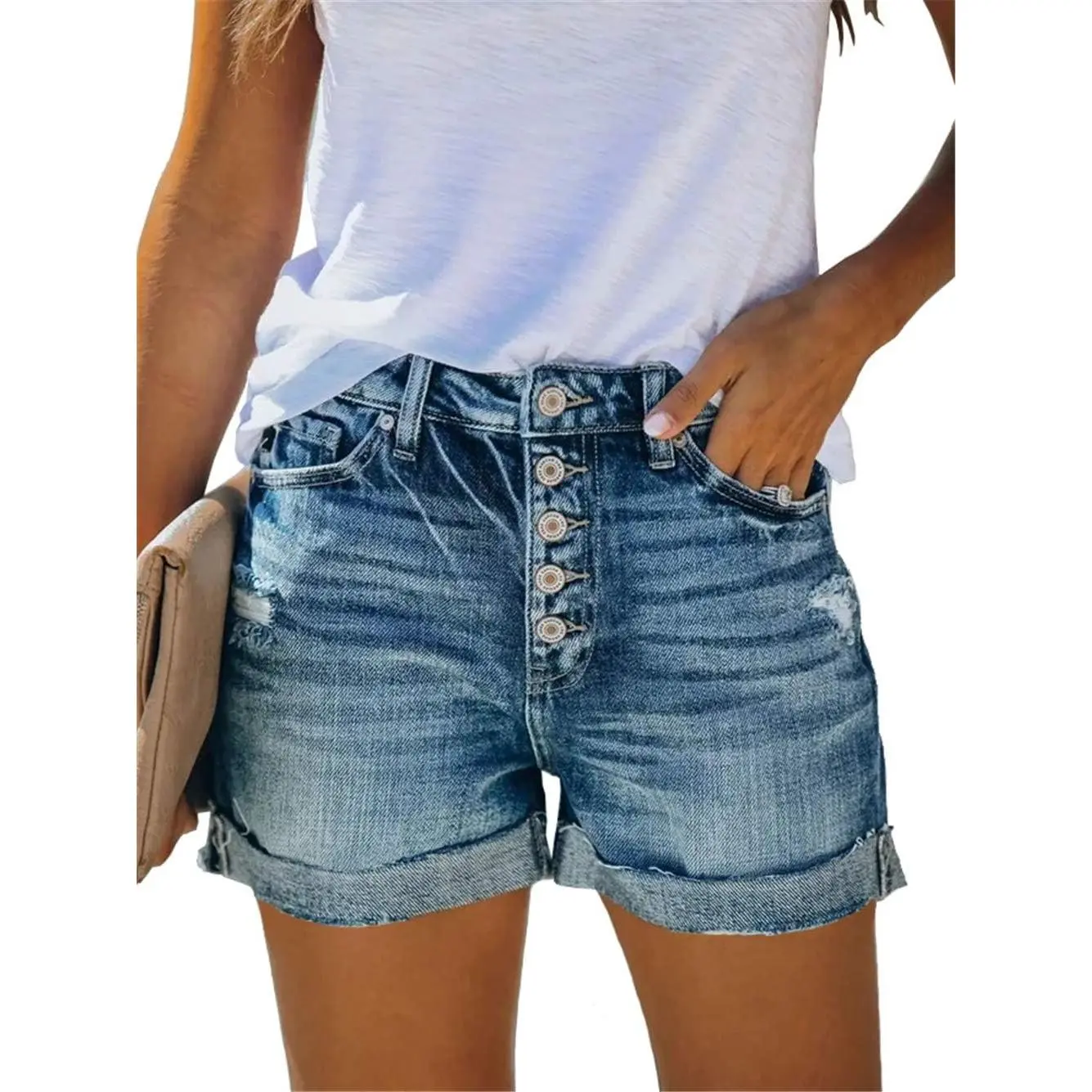 Denim Shorts for Women Mid Rise Ripped Jean Shorts Stretchy Folded Hem Hot Short Jeans