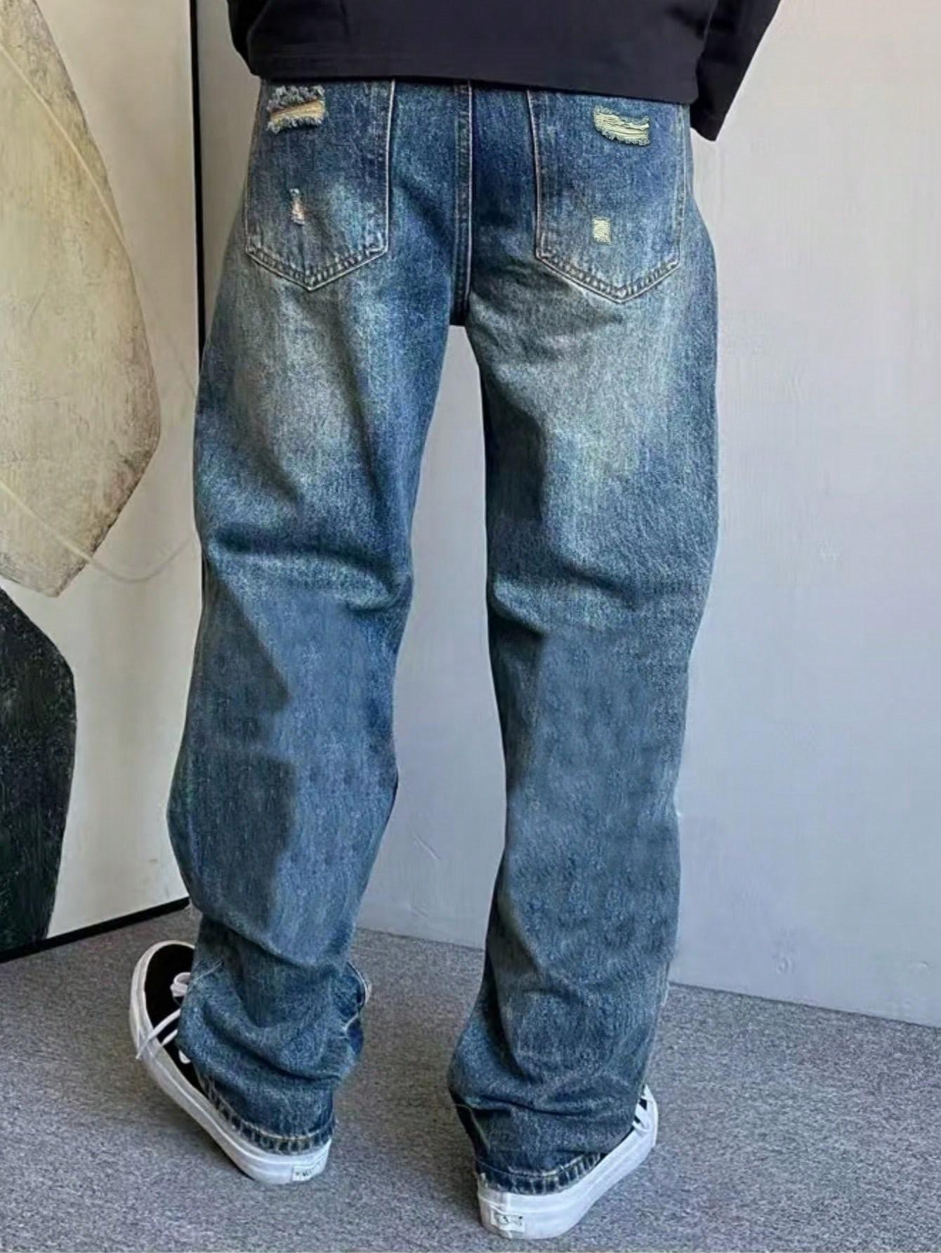 SRETOUU Men's Vintage Distressed Baggy Jeans, Ripped Wide Leg Denim Pants with Destroyed Details, Streetwear Hip Hop Loose Fit Jeans