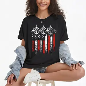 Jet Planes & American Flag Print Patriotic Cotton Tee Tshirt TOP