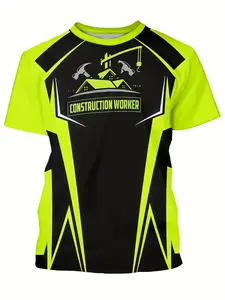 Neon yellow and black construction worker T-shirt, featuring helmet and tool patterns | Breathable work clothes, personalized name/sign, machine washable, suitable for construction sites and daily wear, round neck, regular fit