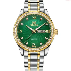 OLEVS Watch Men's Casual Stainless Steel Watch, Big Face Easy to Read Analog Quartz Watch with Day and Date, Classic Waterproof Diamond Roman Arabic Numerals Dial Dress Watch for Men, Gold Silver Black Band