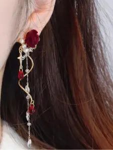 Vintage Rose Earrings with Crystal Fringe, Elegant Small Batch Ear Pendants, Luxurious High-End Women's Jewelry, Flower Earrings