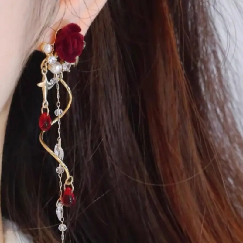 Vintage Rose Earrings with Crystal Fringe, Elegant Small Batch Ear Pendants, Luxurious High-End Women's Jewelry, Flower Earrings, Ear Accessories, Earrings For Decorative
