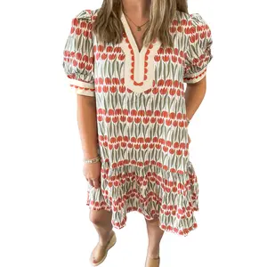 Mntaor Women's White Tulip Floral Print Cotton Puff Short Sleeve Mini Dress Boho V-Neck Ruffle Hem Soft Breathable Fabric for Summer Vacations Beach Trips & Date Nights Casual Womenswear