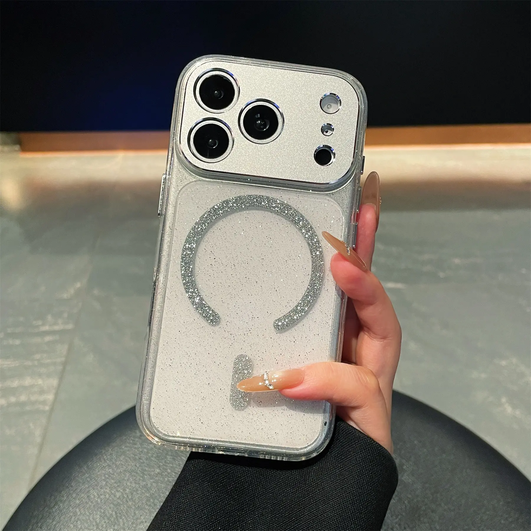 (Case & Nova) Glitter Transparent Polycarbonate Magnetic Closure Smartphone Casing, Shockproof Accessory, Laser Cut Lens Protector & Screen Protector for iPhone 13-17 Pro Max, Mobile Phone Protection