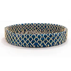 ShelterCast Round Seagrass Tray with Plastic Strings and Mother of Pearl for Fruit Serving, Coffee Table Tray, Vanity Tray Organizer for Kitchen Decorative Hand Paint Room Basket