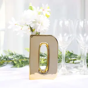 Ceramic Letter "D" Vase Shiny Gold Plated 6" - Stylish Bud Planter Pot for Table Centerpieces