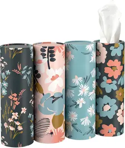 4 Pack Car & Home Tissue Holder with 3-ply Facial Tissues, Cylinder, Round Container for Office, Bathroom (Floral Pattern) Door
