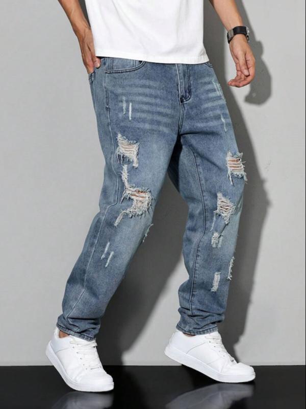 Men's Ripped Denim Jeans, Fashion Street Style, All-Season Wear, Trendy Hole Design, Comfortable Fit, Stylish Men's Clothing