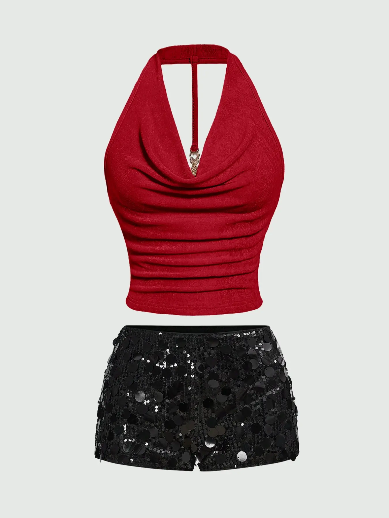 Ladies' Fashion Two-Piece Set Solid Color Halter Neck Sequin Shorts Top Outfit, New Casual Women's Wear.