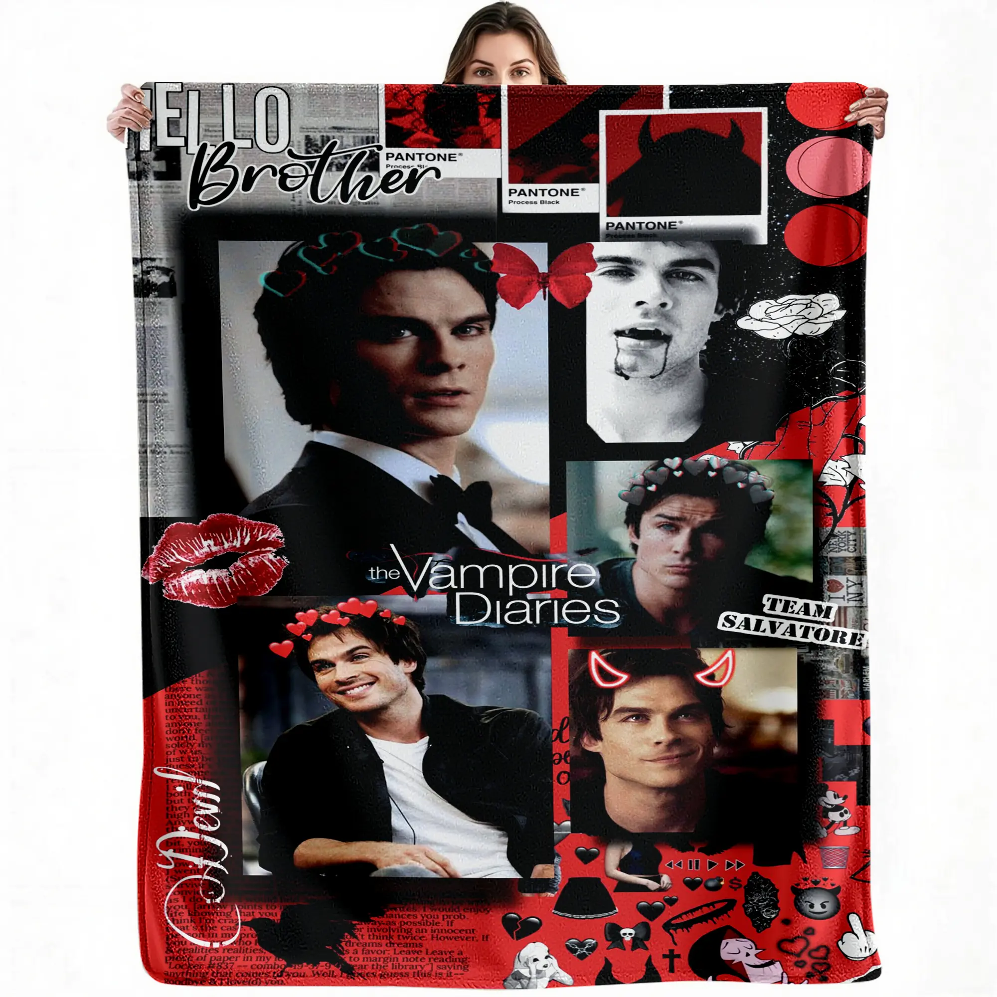 Vampire Diaries character collage blanket — Team Salvatore vibe