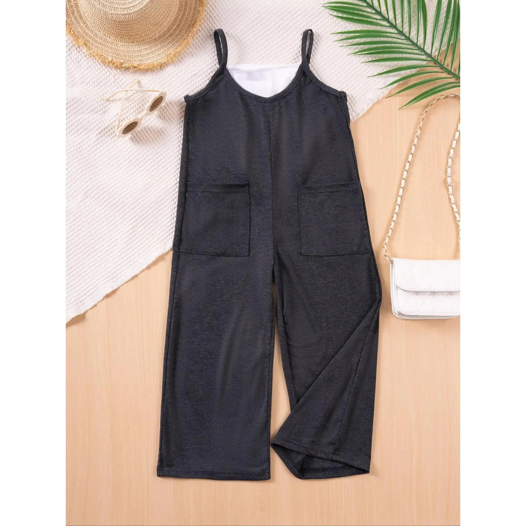Toddler Girl's Basic Sleeveless Jumpsuit, Comfy Plain Fitted Cut Outfit with Wide Leg and Side Tie for Summer Daily Wear, 110(4-5Y), 6 - 8 Years