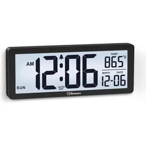 8.5 Inch Digital Wall Clock Battery Operated with Backlight, Temperature, Date, Day & Auto DST, Black Slim Design for Elderly, Bedroom, Living Room, Office (Black)
