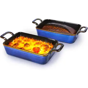2 Piece Heat Resistant Ceramic Au Gratin Baking Dishes Set, 7 x 4 Inch Small Casserole Dish with Handles, Oven & Microwave Safe for Cooking Baking Serving, Blue for 1-2 Person Servings