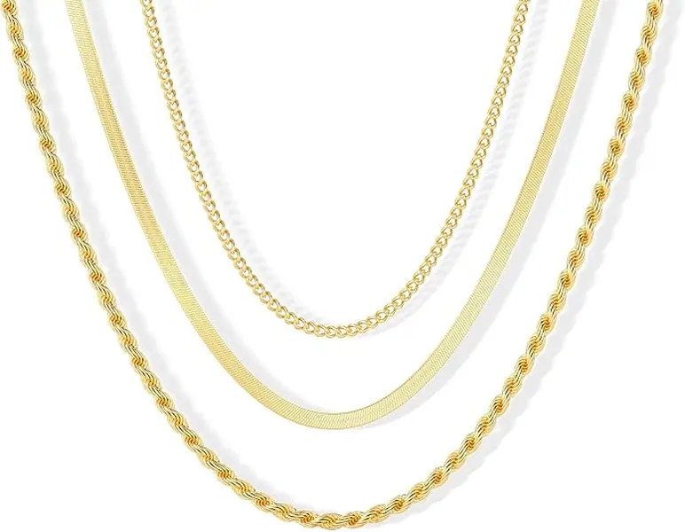 MIAZQ Gold Plated Layering Necklace Set for Women, 3-Piece Minimalist Stacking Chains with Herringbone, Rope & Link, Versatile & Detachable, Stacking Necklace, Elegant Chain, Necklace And Chain