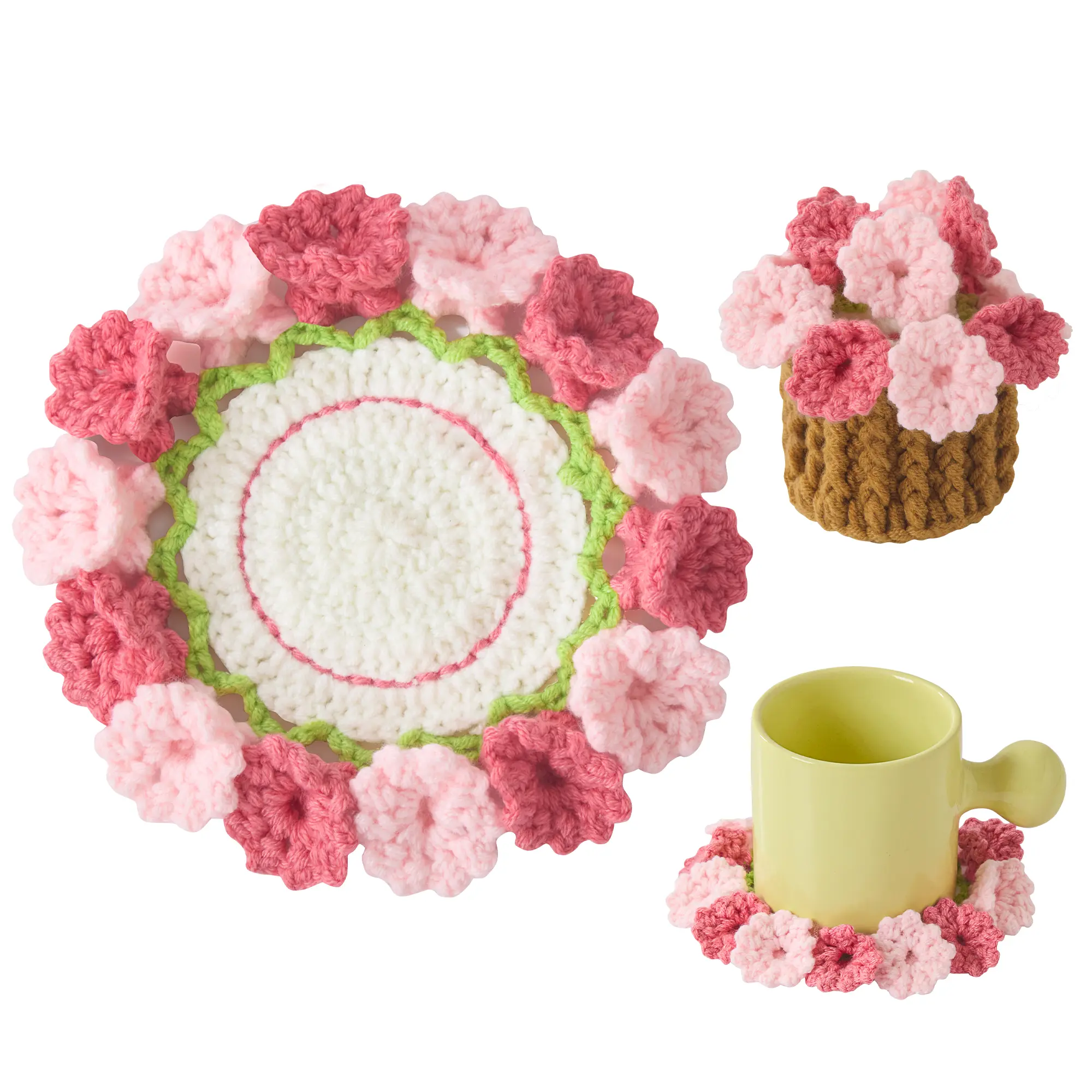 Cute Flower Crochet Coasters – Handmade Bouquet & Plant Pot Design, Soft Decorative Drink Coasters for Table & Home, Multiple Styles