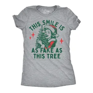Womens Funny T Shirts This Smile Is As Fake As This Tree Sarcastic Christmas Graphic Novelty Tee For Ladies Funny Womens T Shirts Cute Vintage Fashion Casual Ladies T-Shirt Gift Christmas Tops for Women Women's Light Grey