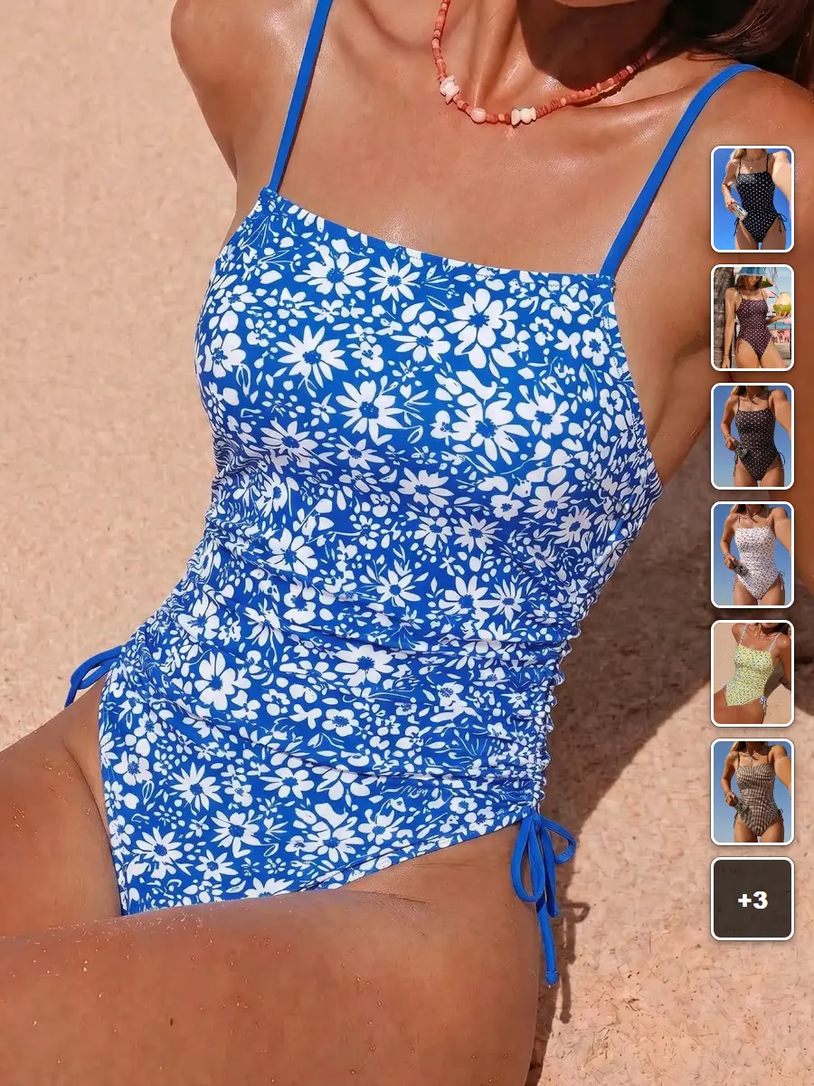 One Piece Swimsuit Retro Floral Plaid Print Open Back Side Drawstring Beach Vacation
