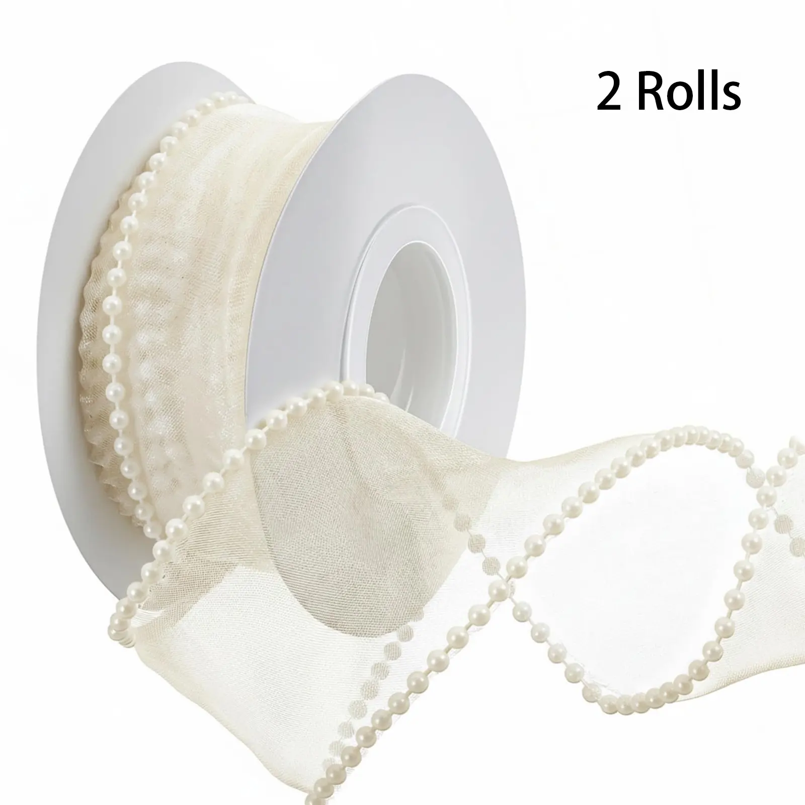 2 Rolls Faux Pearl Chiffon Ribbon, Smooth Creamy Lightweight Ribbon with Pearl Edges, 10 Yards Sheer Mesh for Gift Wrapping, Wedding Decor