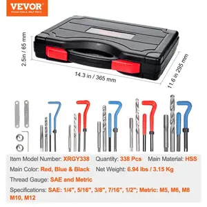 VEVOR Helicoil Thread Repair Kit, 338-Piece SAE and Metric Rethreading Tool Kit, M5, M6, M8, M10, M12, 1/4, 5/16, 3/8, 7/16, 1/2, HSS Drill Bits Thread Inserts Taps Breakoff Installation Tools