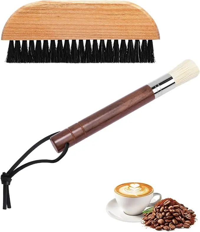 Coffee Cleaning Brush, Espresso Machine Brush with Hanging Rope & Walnut Wood Espresso Brush for Espresso Machine, Grinder, Countertop, Barista Tools