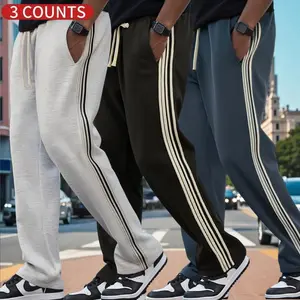 Men's Classic 3-Stripe Track Pants – 3-Pack Athletic Sweatpants with Drawstring Waist, Loose Fit Casual Joggers for Sports, Running & Daily Wear (Light Gray, Black, Dark Gray)