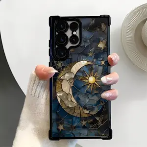 Retro Style Sun And Moon Phone Case Compatible with Samsung S 23 24 25 Ultra Plus FE Phone Cover, Transparent Soft Back Cover for Drop Protection.