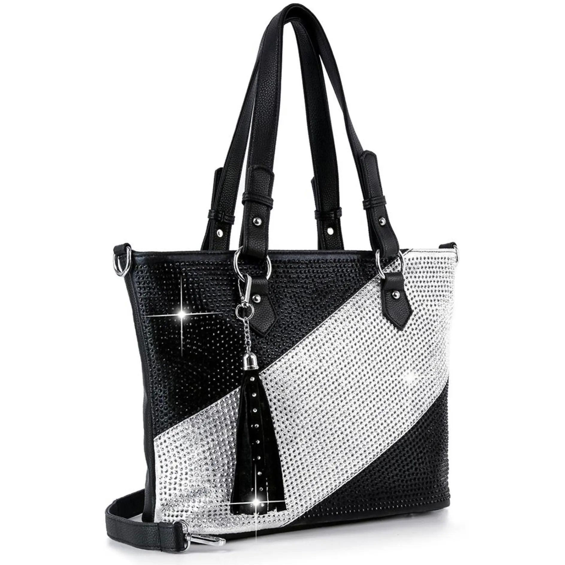 Bernice Silver and Black Bling Handbag with Rhinestone Accents