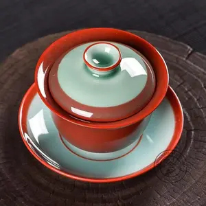 [Jihong Yingqing Series]Longquan Celadon Covered Bowl / Teacup with Lang Kiln Red Glaze and Douqing Inner Glaze, High-Temperature Kiln Change Ceramic Kung Fu Tea Set, Collector's Gift Box for Festivals/Relocation Gifts SpringStatements