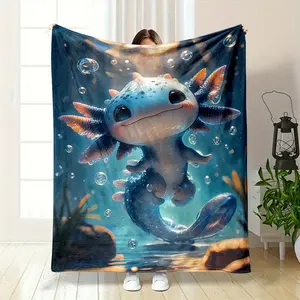 Flannel Digital Print Cartoon Axolotl Throw Blanket - Soft & Warm Polyester, Non-Shedding Cozy Reversible All-Season Blanket for Napping, Office & Home - Great Gift for Family and Friends