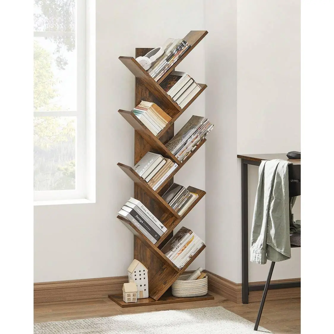 9-Tier Floor Standing Tree Bookshelf, With Shelves For Living Room, Home Office, Rustic Brow, Walnut Triple Wide Modern