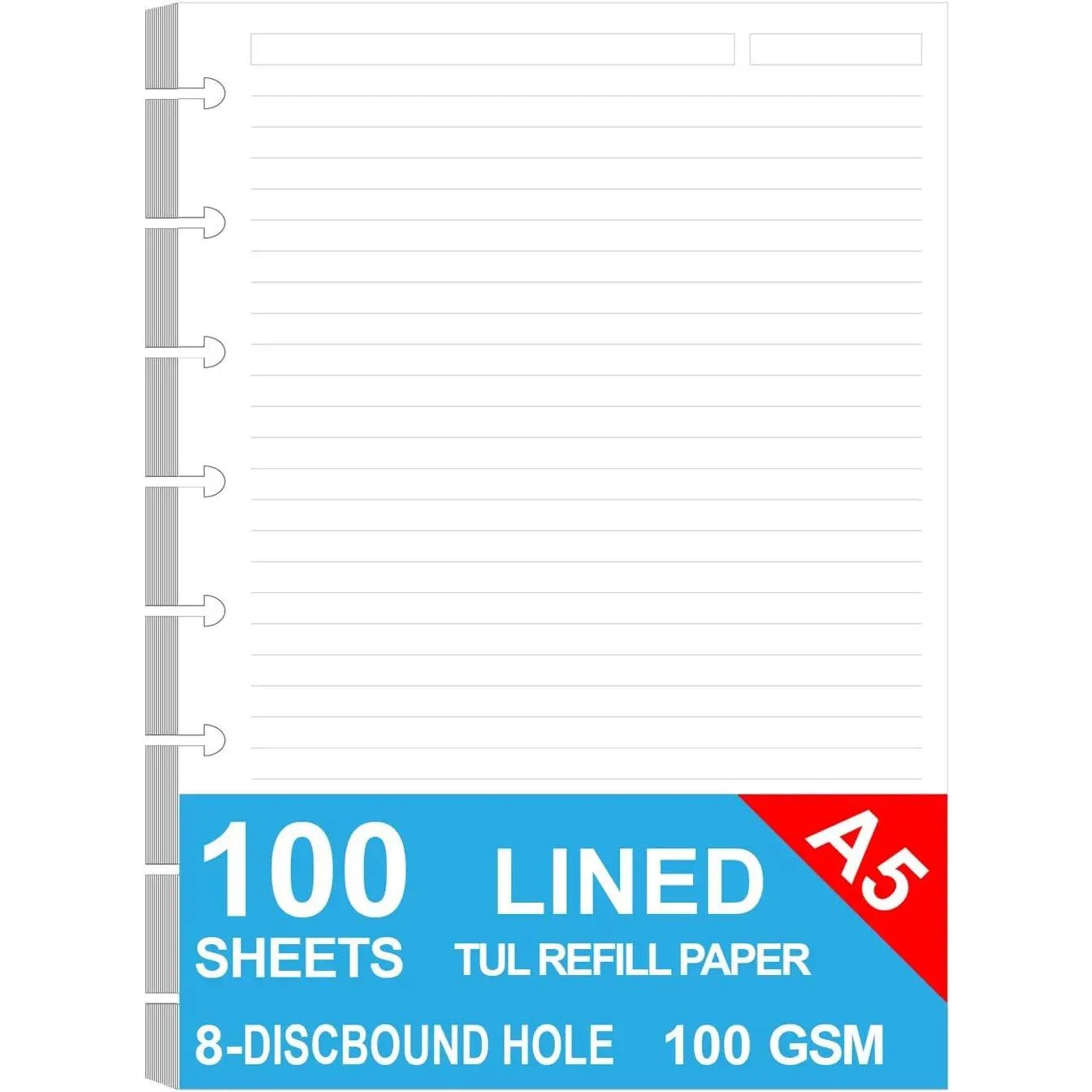 Junior Size Prepunched Discbound Refill Writing Sheets - 8-Disc, Lined Arc, 100gsm Smooth Acid-Free Paper, 32 Lines, 5.8x8.25in, 100 Sheets/200 Pages, Doodles Journaling Paper for Class Notes & Project Notebooks