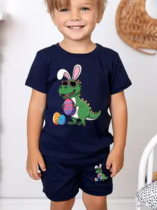 Easter Cute Dinosaur Bunny Ears Set, Trendy Short Sleeve Shorts, Casual Fitted All over Print, All Seasons, Boy
