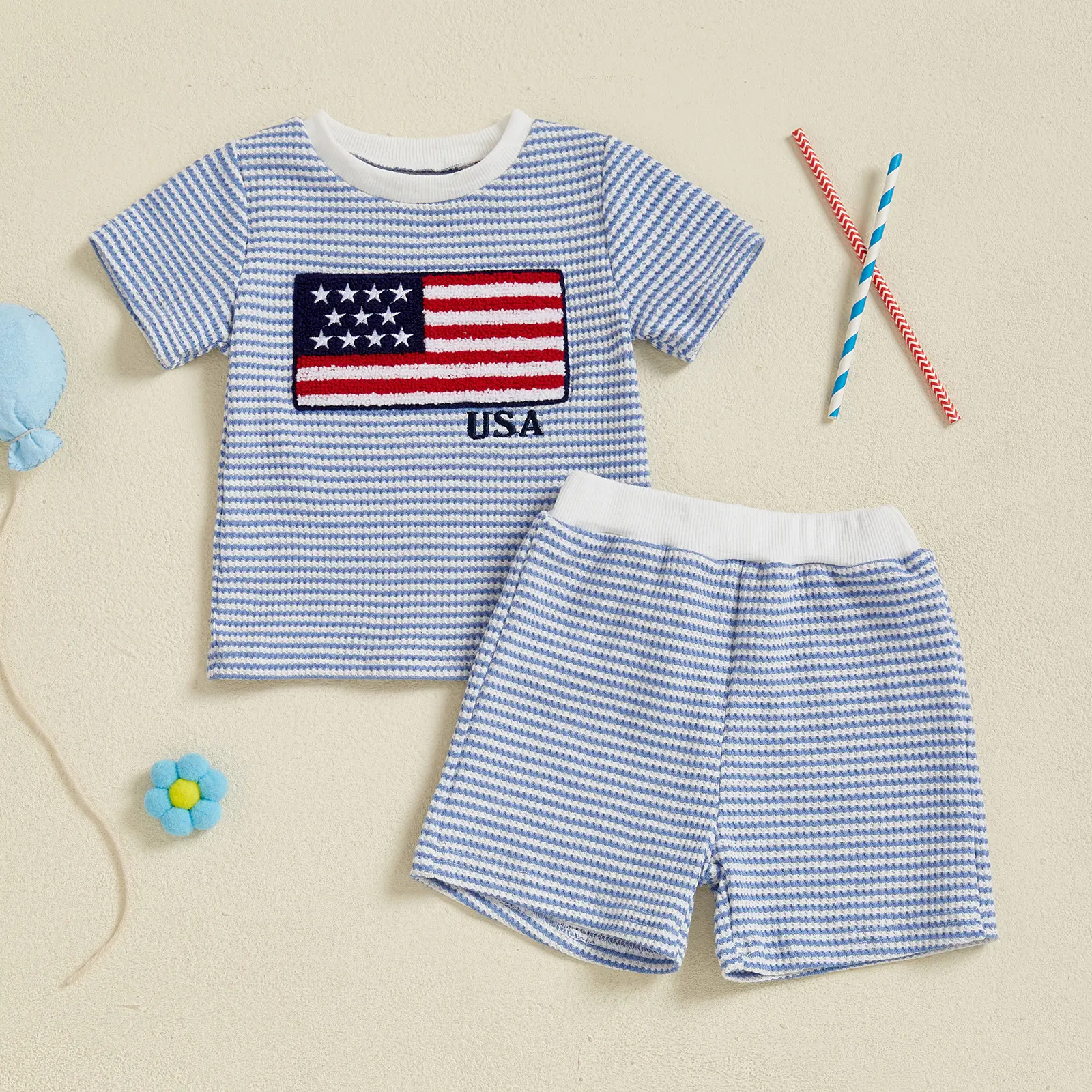 Baby 4th of July Outfit American Flag Embroidery Striped Crew Neck Short Sleeve T-Shirt and Shorts 2 Pcs Set，Soft & Cozy