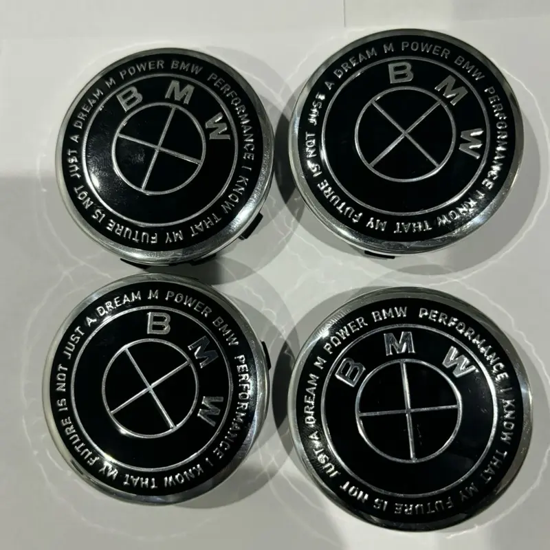 BMW 56mm Black 5x112 Center Caps M Performance Emblem 50th Anniversary Set of Four Hub Caps