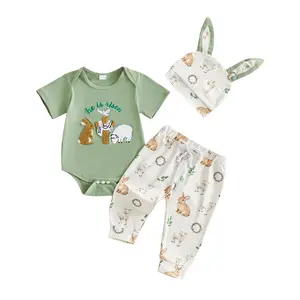 Babamoon Toddler Infant Baby Boys Easter Outfit Sets Short Sleeve Bunny Sheep Cross He is Risen Embroidery Romper Tops Pants Hat Clothes Sets 0-12 Months