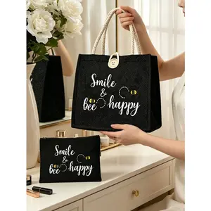 Women's Multifunctional Tote Bag, Elegant Bee Pattern, Cute Bee and Heart Design, Festival Style Shopping Bag, Beach & Gift Bag