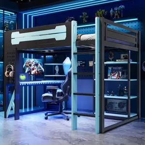 Gaming Loft Bed with Desk with USB Ports, Full Size Loft Bed with LED Light and Hanging Board, Wood Loft Bed with Ladder and Guardrails for Boys  Teens, No Box Spring Needed, Black+Blue