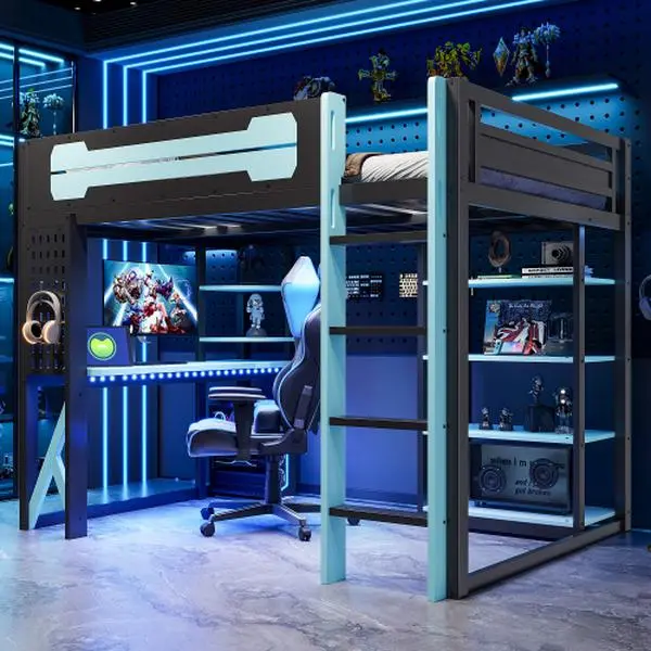Gaming Loft Bed with Desk with USB Ports, Full Size Loft Bed with LED Light and Hanging Board, Wood Loft Bed with Ladder and Guardrails for Boys  Teens, No Box Spring Needed, Black+Blue