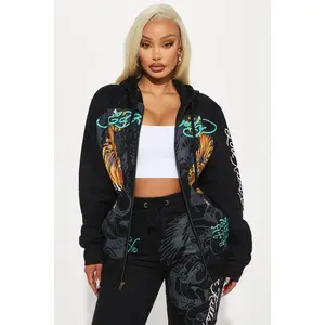 Ed Hardy Crawling Tigers Zip Front Hoodie - Black C
