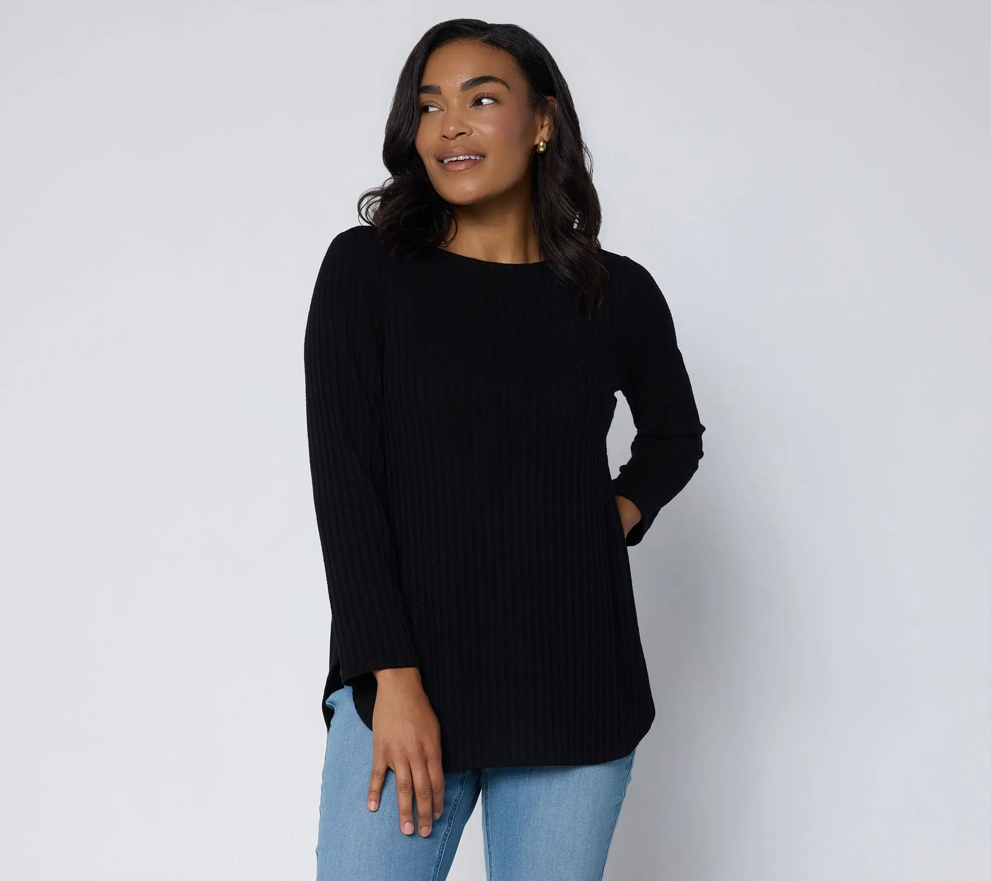 Susan Graver Petite Sweater Rib Knit Bateau Neck Tulip Hem Top Susan Graver Petite Sweater Rib Knit Bateau Neck Tulip Hem Top