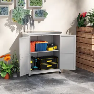 Compact Gray Outdoor Prep Table for Small Apartment Porch with Metal Work Surface Two Inner Shelves for Seed Bags Hand Tools Pots for Home Garden