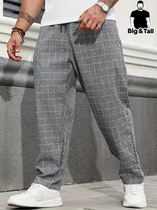 Men's Plus Size High-Quality Plaid Work Pants, Loose Fit Casual Trousers, Drawstring Waist Multi-Pocket Street Style Long Pants